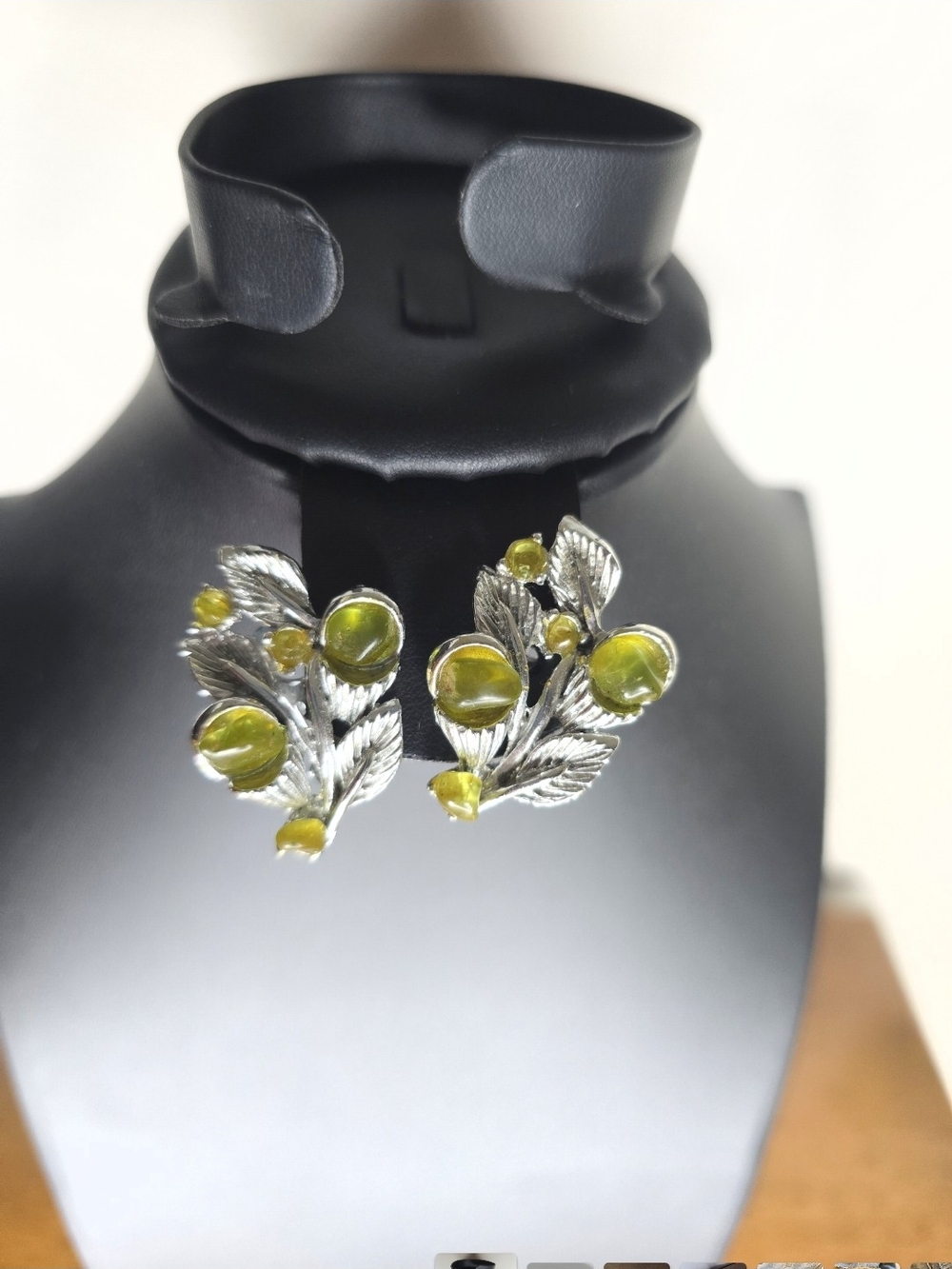 Silver Tone Leaf Earrings with Olive Green Cabochons